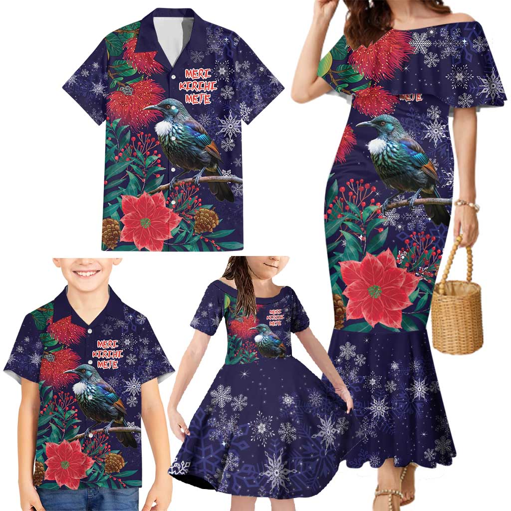 Tui Meri Kirihimete Personalised Family Matching Mermaid Dress and Hawaiian Shirt Pohutukawa Flowers Blue Motif LT9 - Polynesian Pride