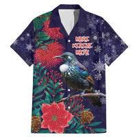 Tui Meri Kirihimete Personalised Family Matching Mermaid Dress and Hawaiian Shirt Pohutukawa Flowers Blue Motif LT9 Dad's Shirt - Short Sleeve Blue - Polynesian Pride