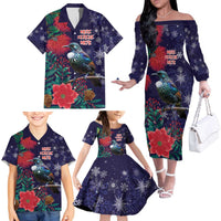 Tui Meri Kirihimete Personalised Family Matching Off The Shoulder Long Sleeve Dress and Hawaiian Shirt Pohutukawa Flowers Blue Motif LT9 - Polynesian Pride