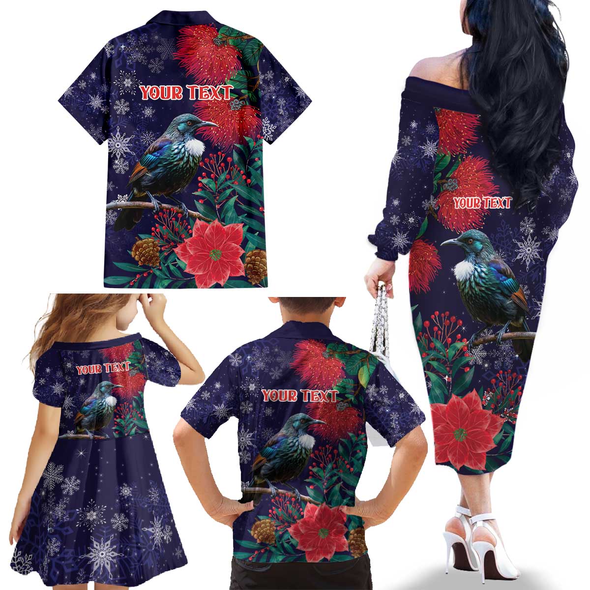 Tui Meri Kirihimete Personalised Family Matching Off The Shoulder Long Sleeve Dress and Hawaiian Shirt Pohutukawa Flowers Blue Motif LT9 - Polynesian Pride