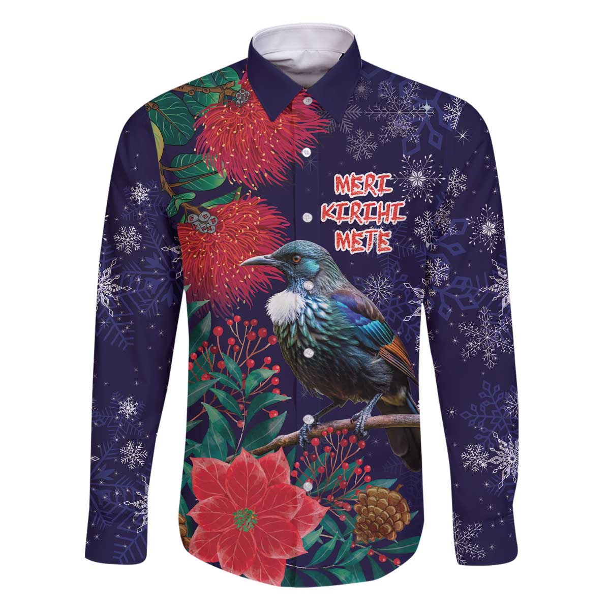Tui Meri Kirihimete Personalised Family Matching Off The Shoulder Long Sleeve Dress and Hawaiian Shirt Pohutukawa Flowers Blue Motif LT9 Dad's Shirt - Long Sleeve Blue - Polynesian Pride