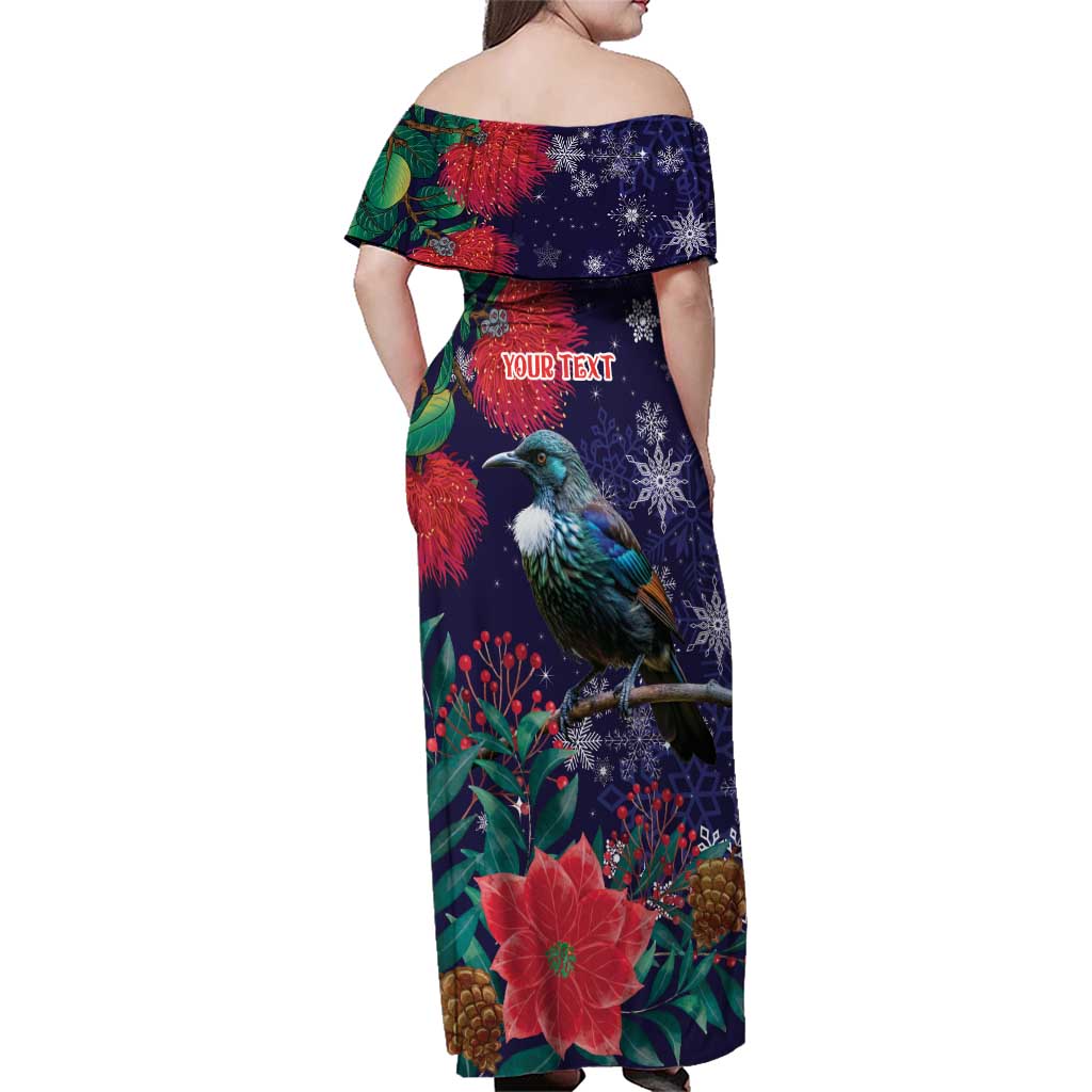 Tui Meri Kirihimete Personalised Family Matching Off Shoulder Maxi Dress and Hawaiian Shirt Pohutukawa Flowers Blue Motif LT9 - Polynesian Pride