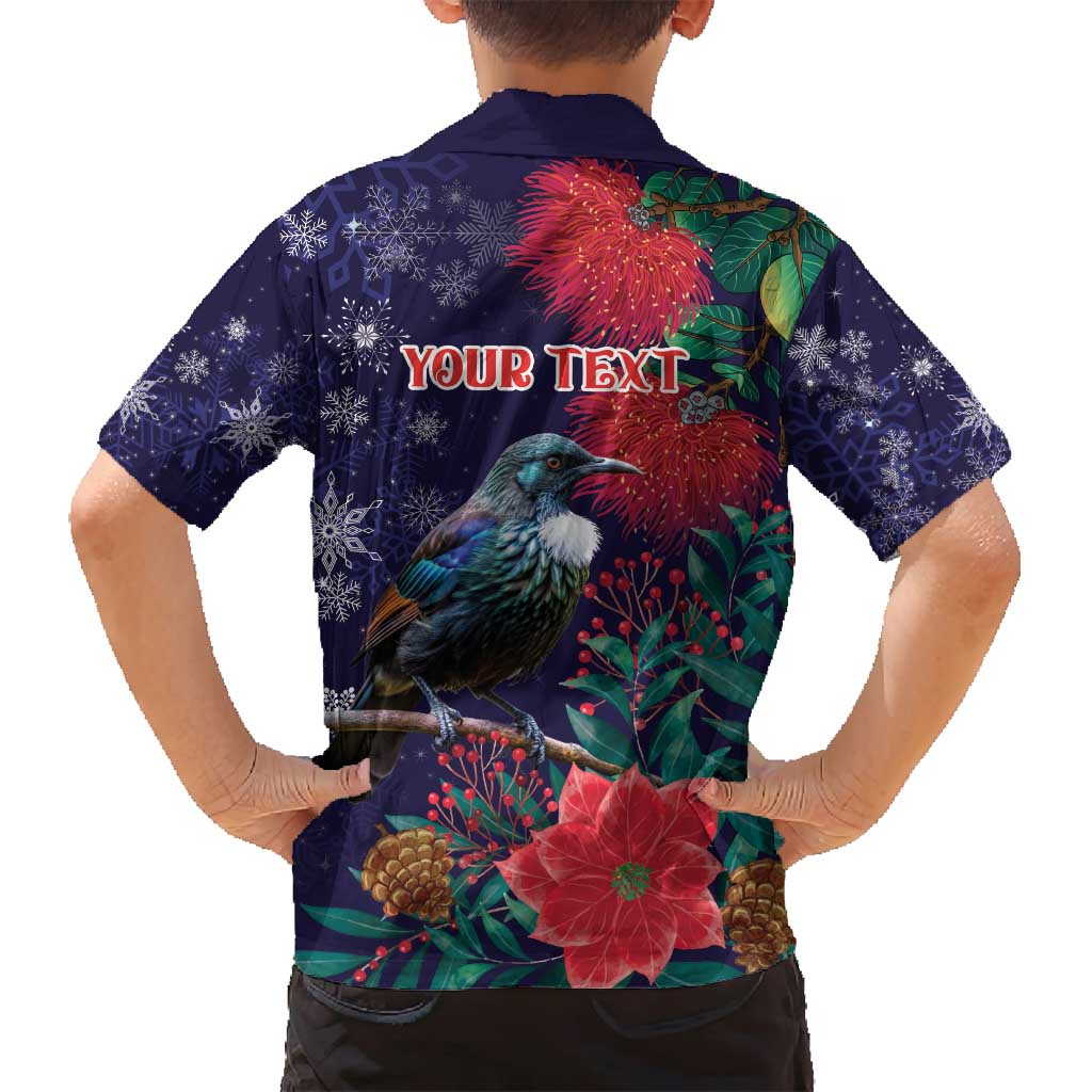 Tui Meri Kirihimete Personalised Family Matching Off Shoulder Short Dress and Hawaiian Shirt Pohutukawa Flowers Blue Motif LT9 - Polynesian Pride