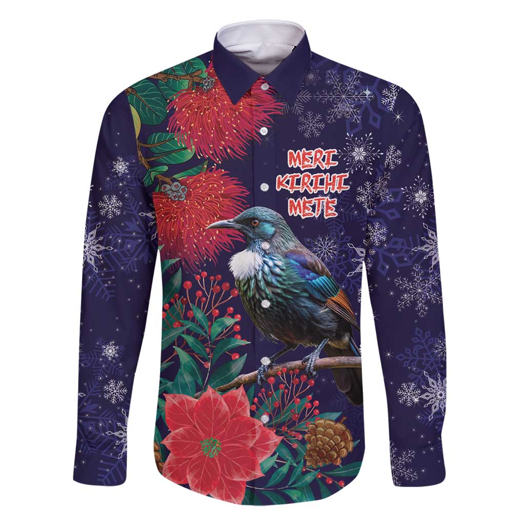 Tui Meri Kirihimete Personalised Family Matching Off Shoulder Short Dress and Hawaiian Shirt Pohutukawa Flowers Blue Motif LT9 Dad's Shirt - Long Sleeve Blue - Polynesian Pride