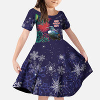 Tui Meri Kirihimete Personalised Family Matching Puletasi and Hawaiian Shirt Pohutukawa Flowers Blue Motif LT9 Daughter's Dress Blue - Polynesian Pride