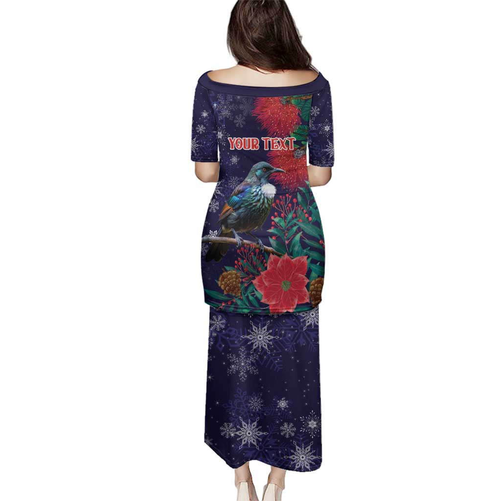 Tui Meri Kirihimete Personalised Family Matching Puletasi and Hawaiian Shirt Pohutukawa Flowers Blue Motif LT9 - Polynesian Pride