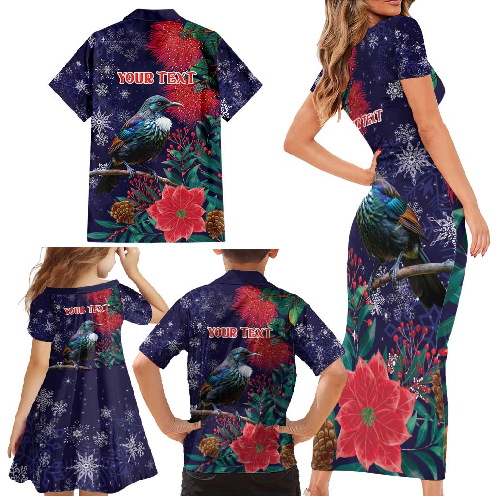Tui Meri Kirihimete Personalised Family Matching Short Sleeve Bodycon Dress and Hawaiian Shirt Pohutukawa Flowers Blue Motif LT9 - Polynesian Pride
