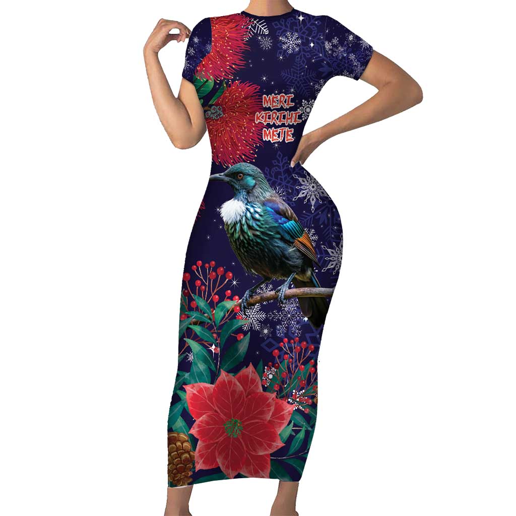Tui Meri Kirihimete Personalised Family Matching Short Sleeve Bodycon Dress and Hawaiian Shirt Pohutukawa Flowers Blue Motif LT9 Mom's Dress Blue - Polynesian Pride