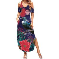 Tui Meri Kirihimete Personalised Family Matching Summer Maxi Dress and Hawaiian Shirt Pohutukawa Flowers Blue Motif LT9 Mom's Dress Blue - Polynesian Pride