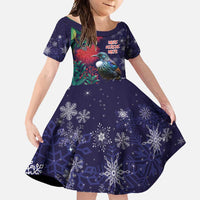 Tui Meri Kirihimete Personalised Family Matching Tank Maxi Dress and Hawaiian Shirt Pohutukawa Flowers Blue Motif LT9 Daughter's Dress Blue - Polynesian Pride