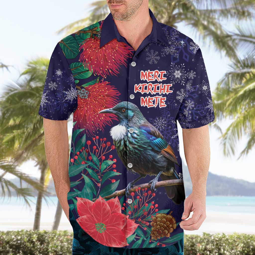 Tui Meri Kirihimete Personalised Hawaiian Shirt Pohutukawa Flowers Blue Motif LT9 - Polynesian Pride