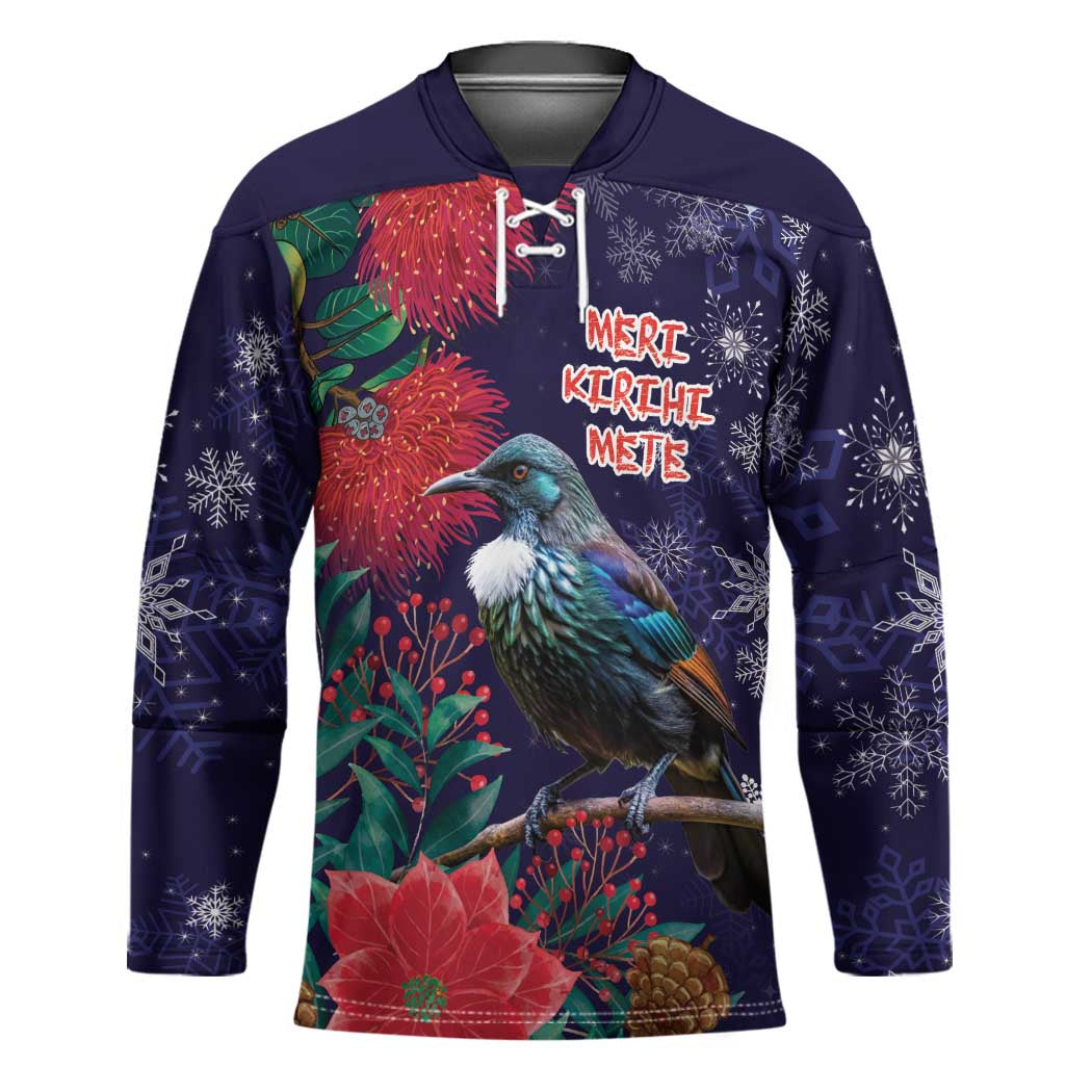 Tui Meri Kirihimete Personalised Hockey Jersey Pohutukawa Flowers Blue Motif LT9 Unisex Blue - Polynesian Pride