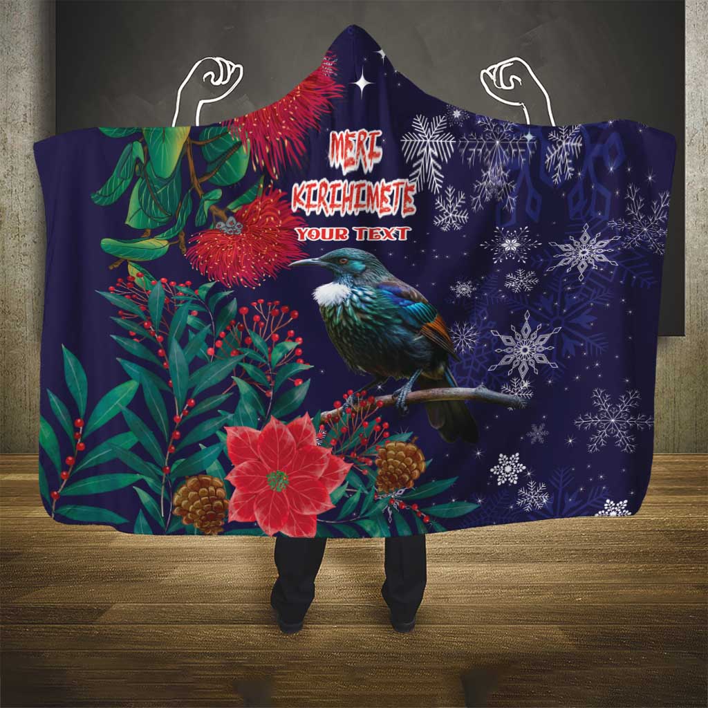 Tui Meri Kirihimete Personalised Hooded Blanket Pohutukawa Flowers Blue Motif LT9 - Polynesian Pride