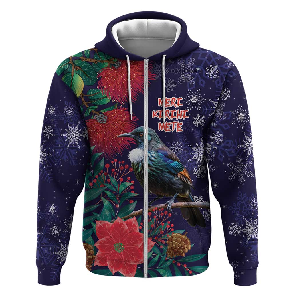 Tui Meri Kirihimete Personalised Hoodie Pohutukawa Flowers Blue Motif LT9 Zip Hoodie Blue - Polynesian Pride
