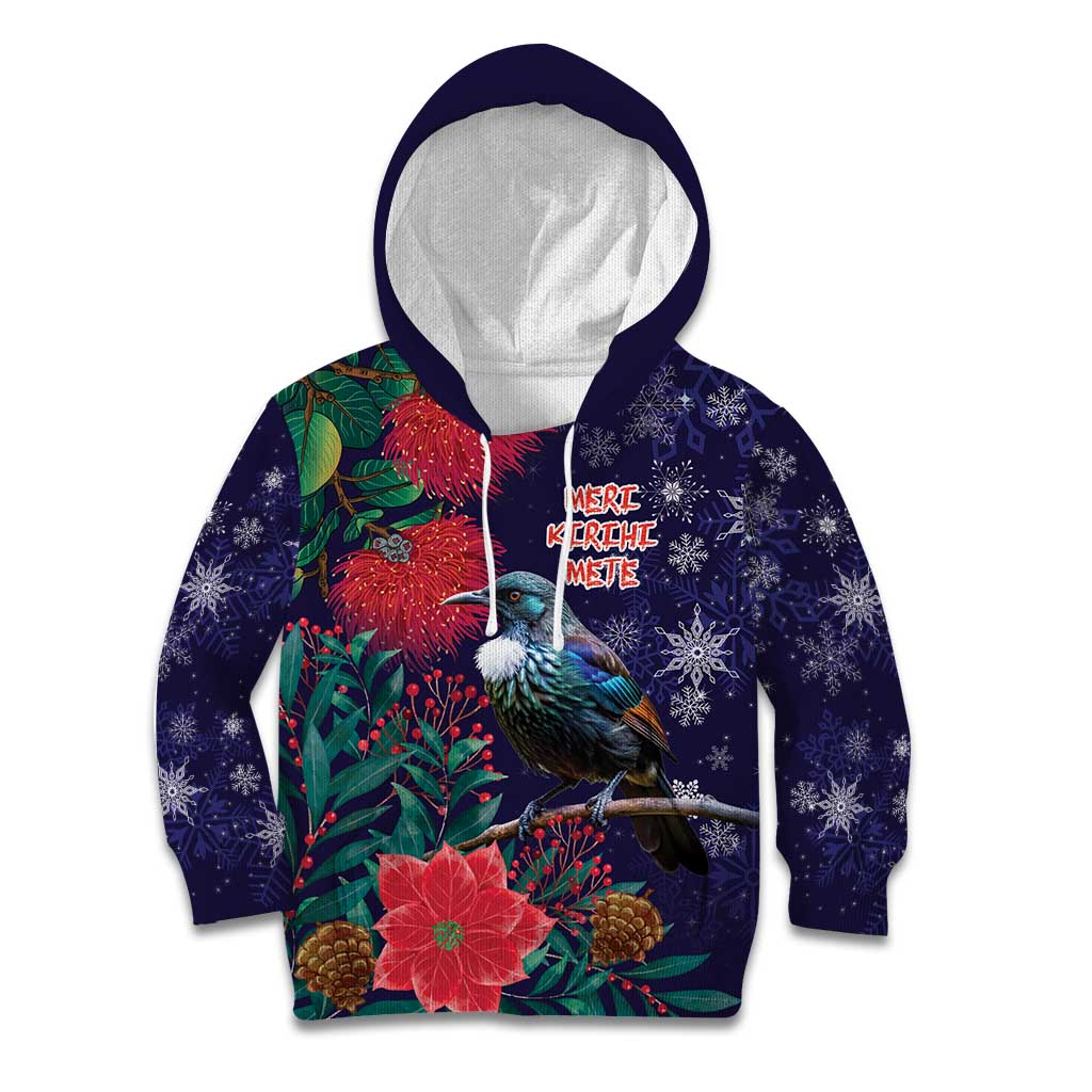 Tui Meri Kirihimete Personalised Kid Hoodie Pohutukawa Flowers Blue Motif - Polynesian Pride