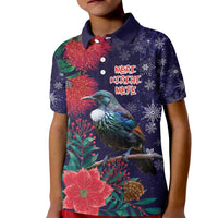 Tui Meri Kirihimete Personalised Kid Polo Shirt Pohutukawa Flowers Blue Motif LT9 Kid Blue - Polynesian Pride