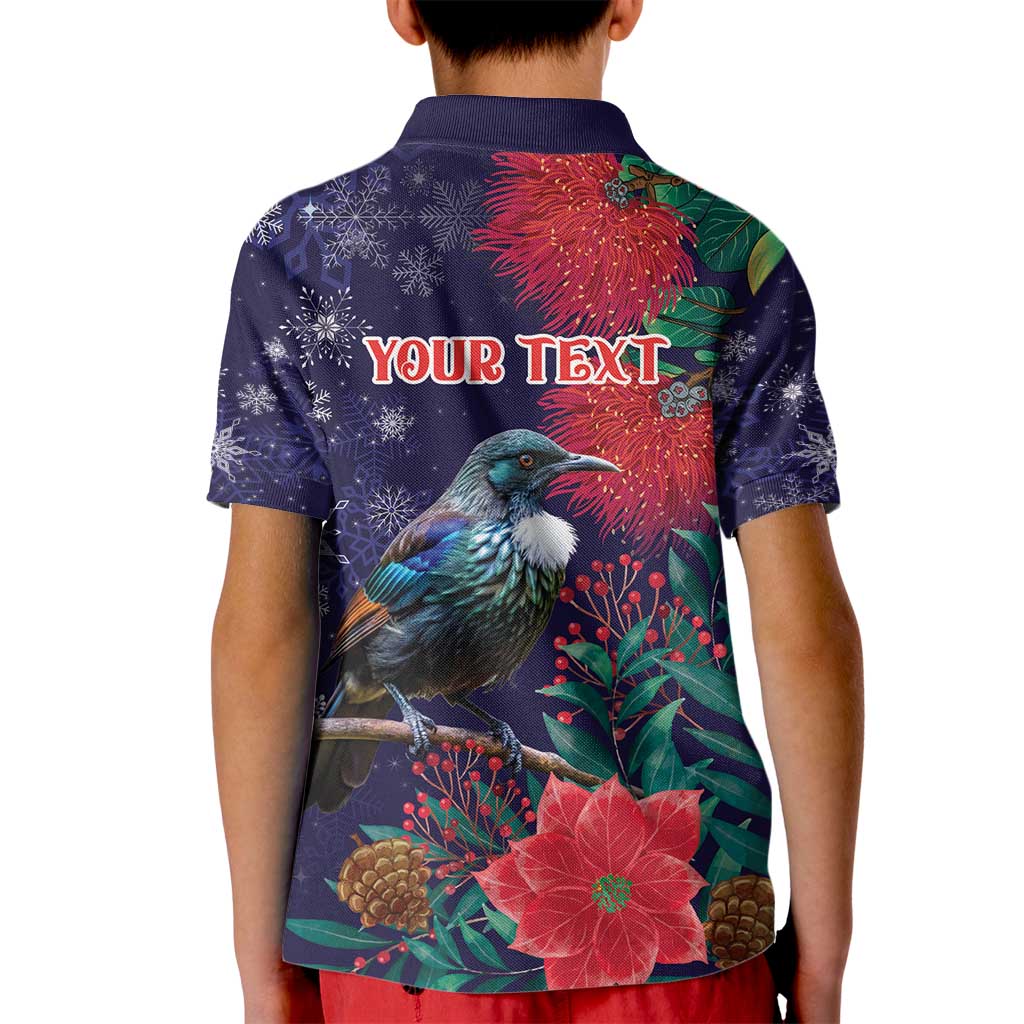 Tui Meri Kirihimete Personalised Kid Polo Shirt Pohutukawa Flowers Blue Motif LT9 - Polynesian Pride