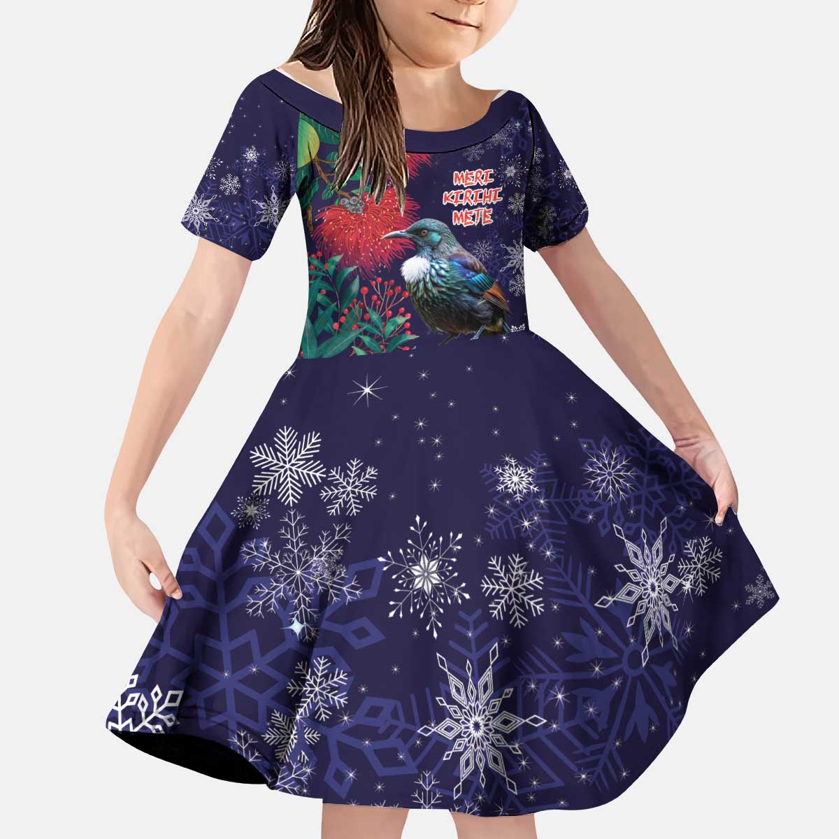 Tui Meri Kirihimete Personalised Kid Short Sleeve Dress Pohutukawa Flowers Blue Motif LT9 KID Blue - Polynesian Pride