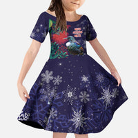 Tui Meri Kirihimete Personalised Kid Short Sleeve Dress Pohutukawa Flowers Blue Motif LT9 KID Blue - Polynesian Pride