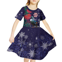 Tui Meri Kirihimete Personalised Kid Short Sleeve Dress Pohutukawa Flowers Blue Motif LT9 - Polynesian Pride