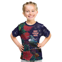 Tui Meri Kirihimete Personalised Kid T Shirt Pohutukawa Flowers Blue Motif LT9 Blue - Polynesian Pride
