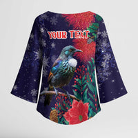 Tui Meri Kirihimete Personalised Kimono Sleeve Blouse Pohutukawa Flowers Blue Motif LT9 - Polynesian Pride