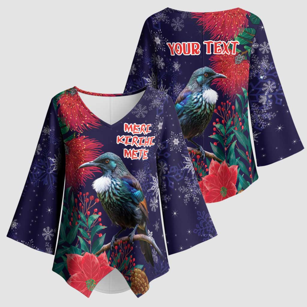 Tui Meri Kirihimete Personalised Kimono Sleeve Blouse Pohutukawa Flowers Blue Motif LT9 - Polynesian Pride
