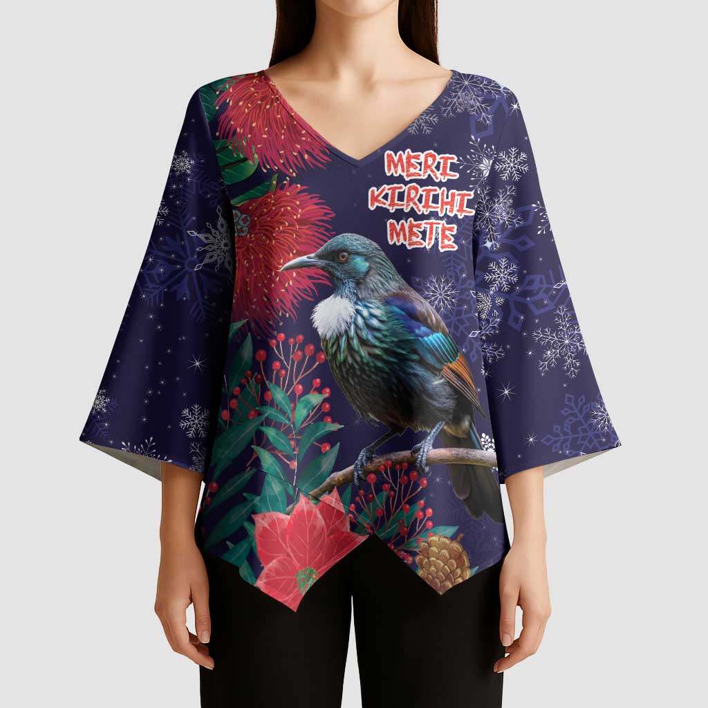 Tui Meri Kirihimete Personalised Kimono Sleeve Blouse Pohutukawa Flowers Blue Motif LT9 - Polynesian Pride