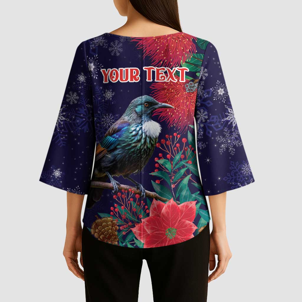 Tui Meri Kirihimete Personalised Kimono Sleeve Blouse Pohutukawa Flowers Blue Motif LT9 - Polynesian Pride