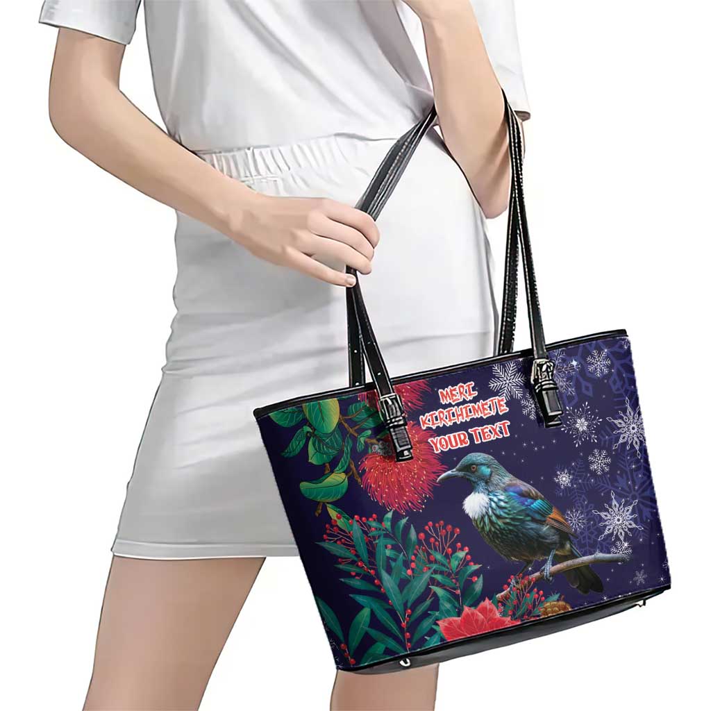 Tui Meri Kirihimete Personalised Leather Tote Bag Pohutukawa Flowers Blue Motif - Polynesian Pride