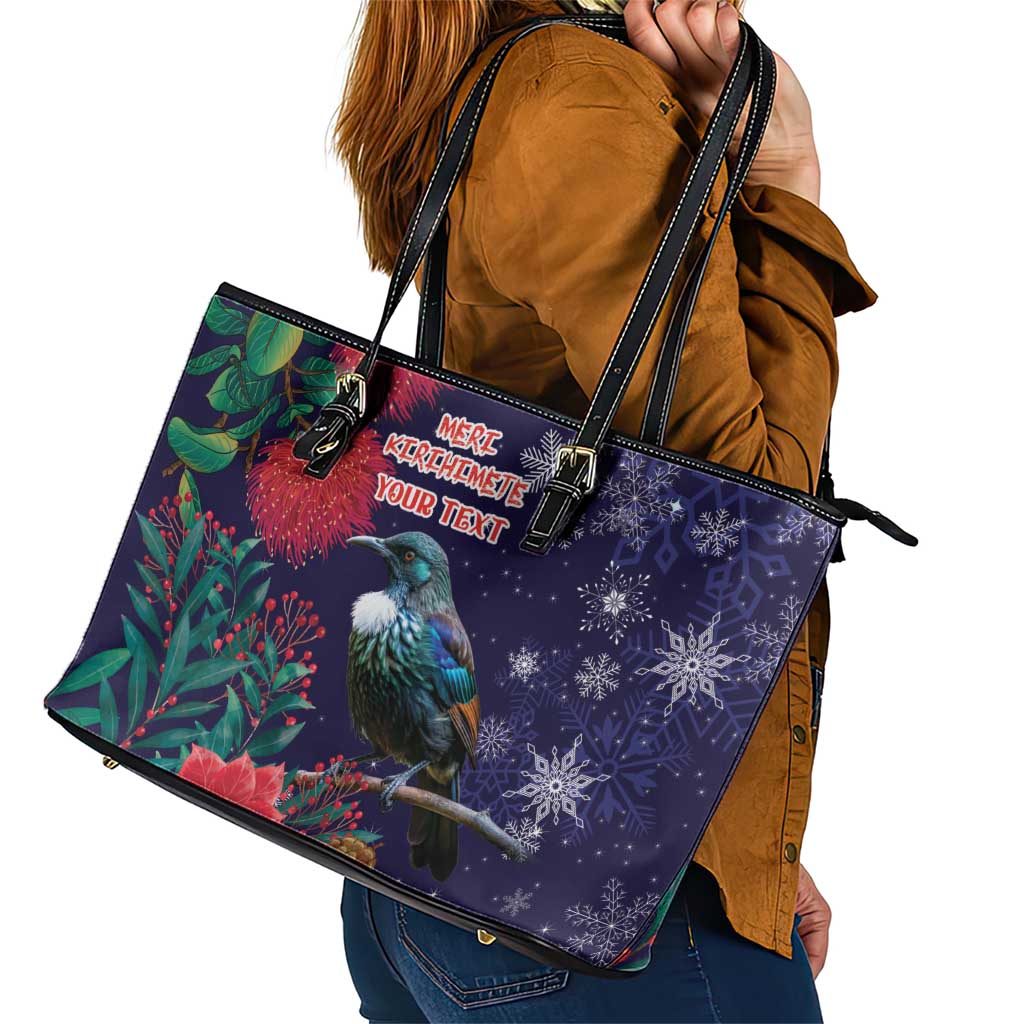 Tui Meri Kirihimete Personalised Leather Tote Bag Pohutukawa Flowers Blue Motif - Polynesian Pride
