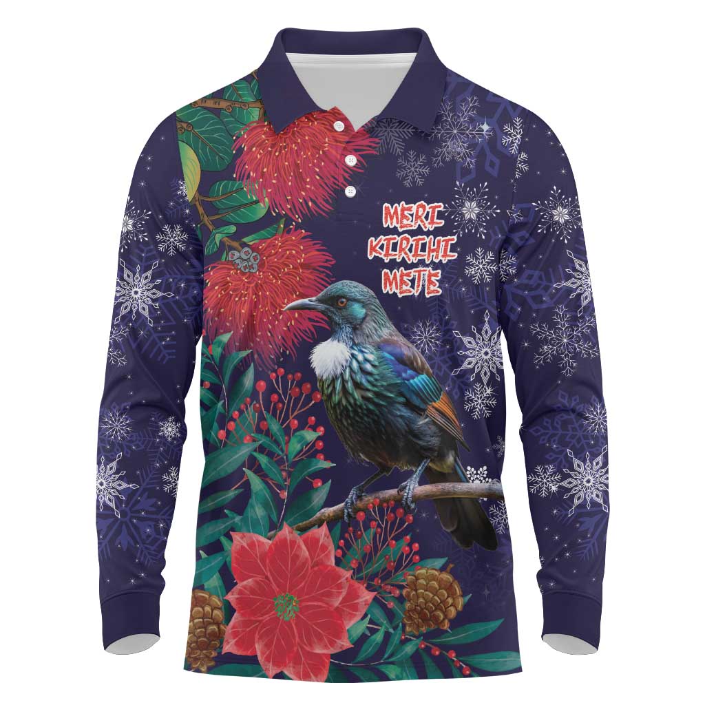 Tui Meri Kirihimete Personalised Long Sleeve Polo Shirt Pohutukawa Flowers Blue Motif LT9 Blue - Polynesian Pride