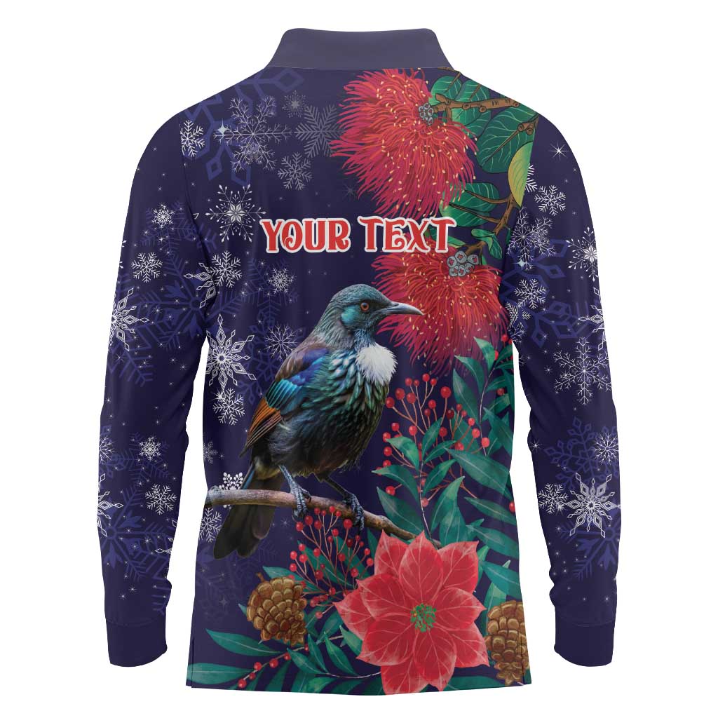 Tui Meri Kirihimete Personalised Long Sleeve Polo Shirt Pohutukawa Flowers Blue Motif LT9 - Polynesian Pride