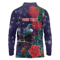 Tui Meri Kirihimete Personalised Long Sleeve Polo Shirt Pohutukawa Flowers Blue Motif LT9 - Polynesian Pride