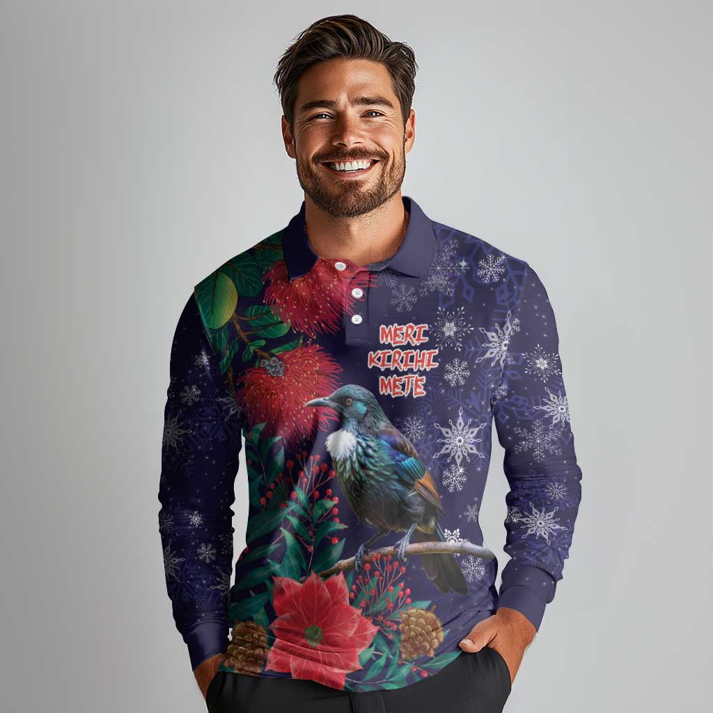 Tui Meri Kirihimete Personalised Long Sleeve Polo Shirt Pohutukawa Flowers Blue Motif LT9 - Polynesian Pride
