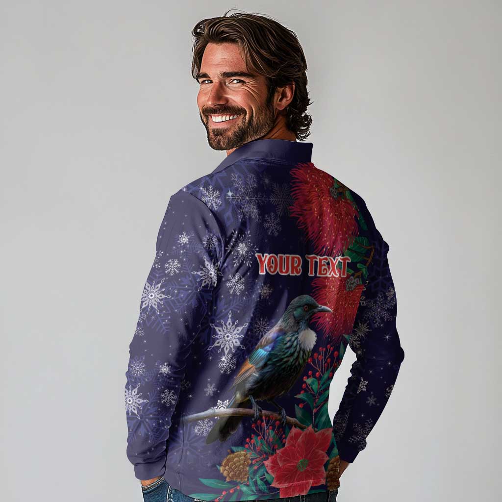 Tui Meri Kirihimete Personalised Long Sleeve Polo Shirt Pohutukawa Flowers Blue Motif LT9 - Polynesian Pride