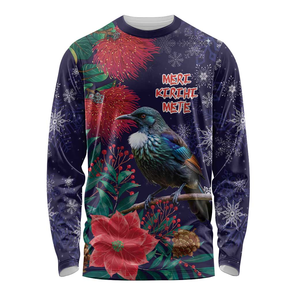 Tui Meri Kirihimete Personalised Long Sleeve Shirt Pohutukawa Flowers Blue Motif LT9 Unisex Blue - Polynesian Pride