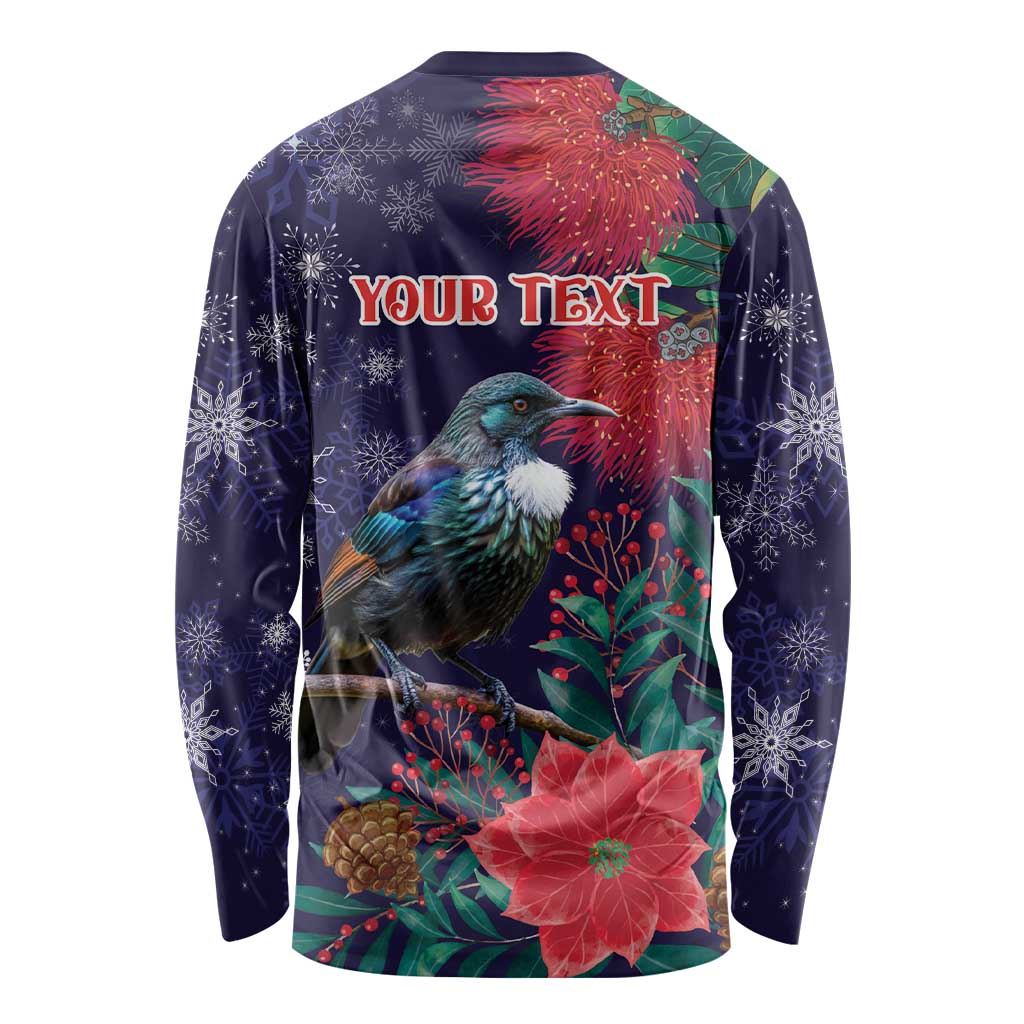 Tui Meri Kirihimete Personalised Long Sleeve Shirt Pohutukawa Flowers Blue Motif LT9 - Polynesian Pride