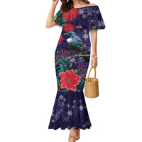 Tui Meri Kirihimete Personalised Mermaid Dress Pohutukawa Flowers Blue Motif LT9 Women Blue - Polynesian Pride