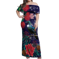 Tui Meri Kirihimete Personalised Off Shoulder Maxi Dress Pohutukawa Flowers Blue Motif LT9 Women Blue - Polynesian Pride