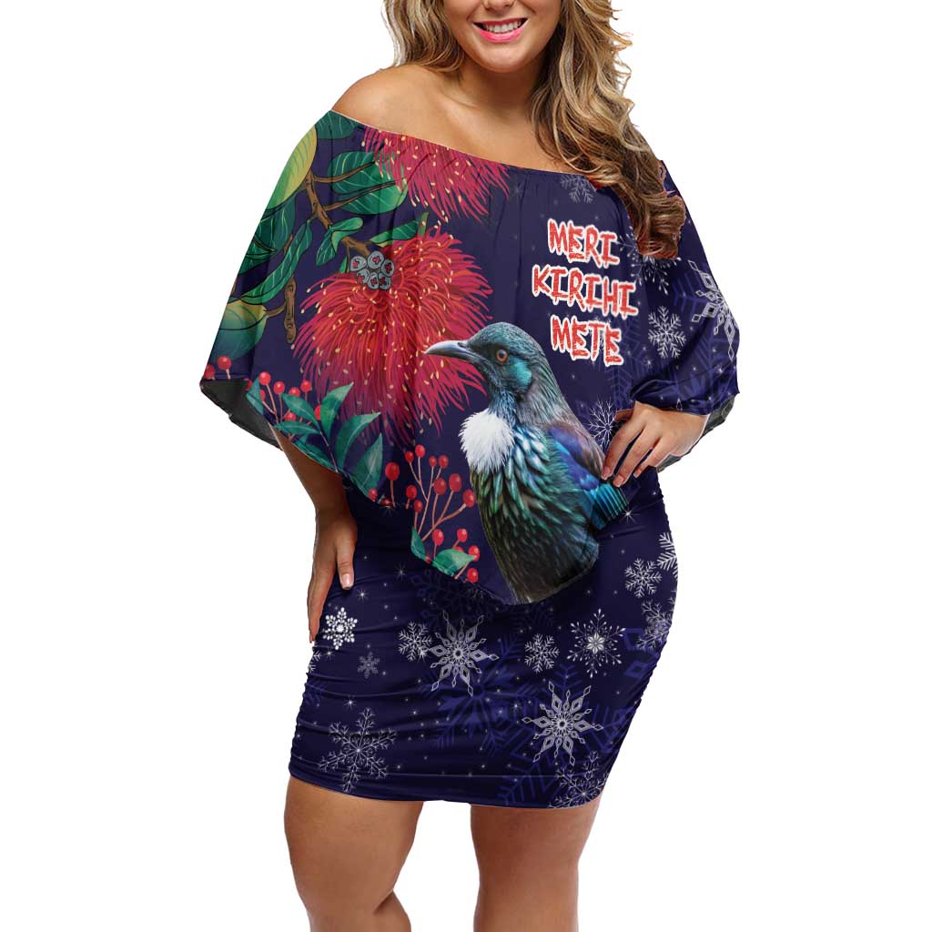Tui Meri Kirihimete Personalised Off Shoulder Short Dress Pohutukawa Flowers Blue Motif LT9 Women Blue - Polynesian Pride