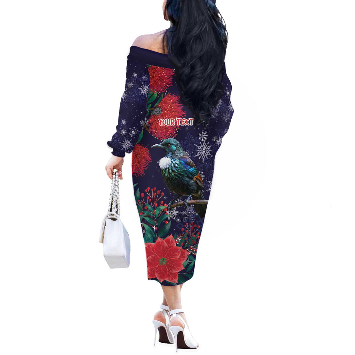 Tui Meri Kirihimete Personalised Off The Shoulder Long Sleeve Dress Pohutukawa Flowers Blue Motif LT9 - Polynesian Pride