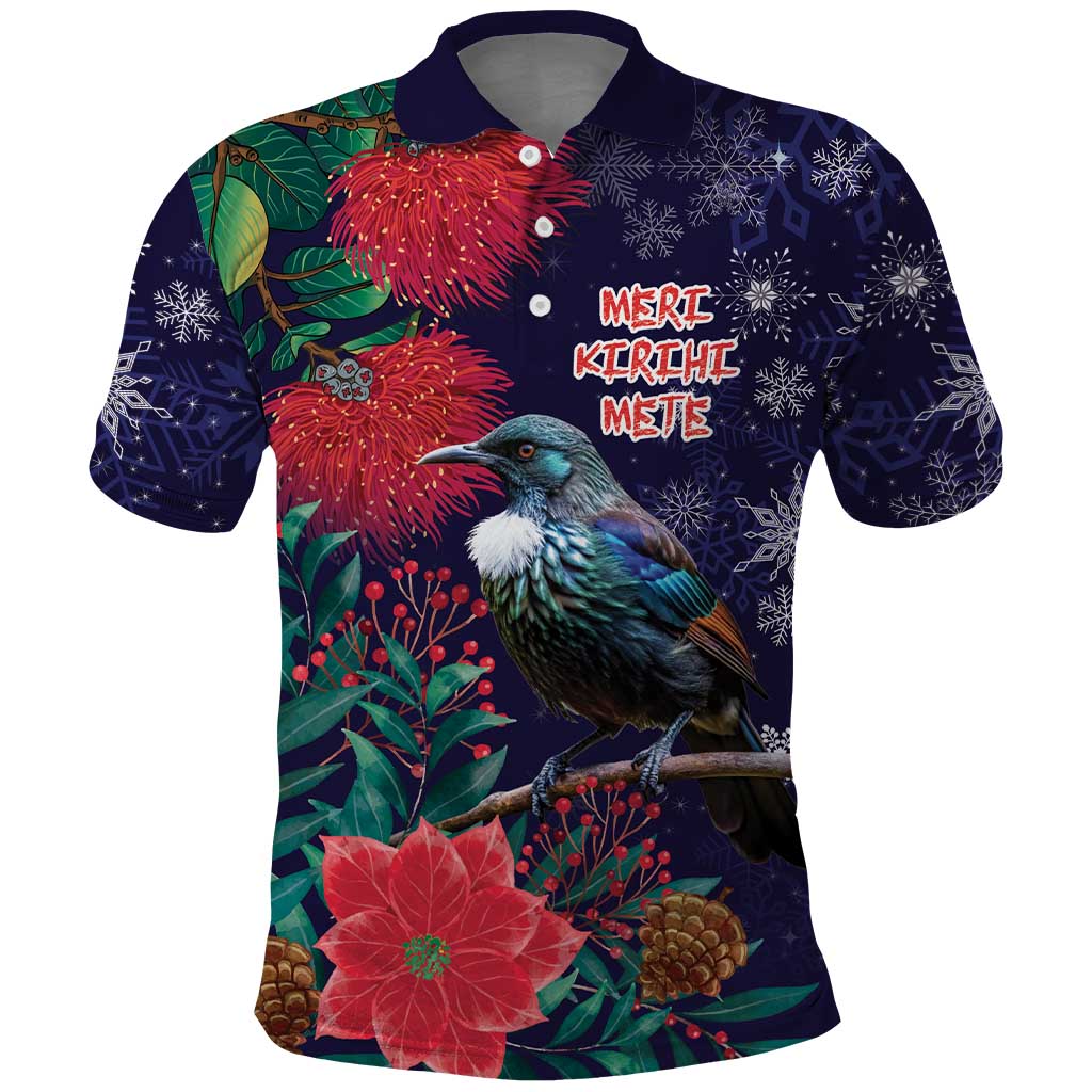 Tui Meri Kirihimete Personalised Polo Shirt Pohutukawa Flowers Blue Motif LT9 Blue - Polynesian Pride