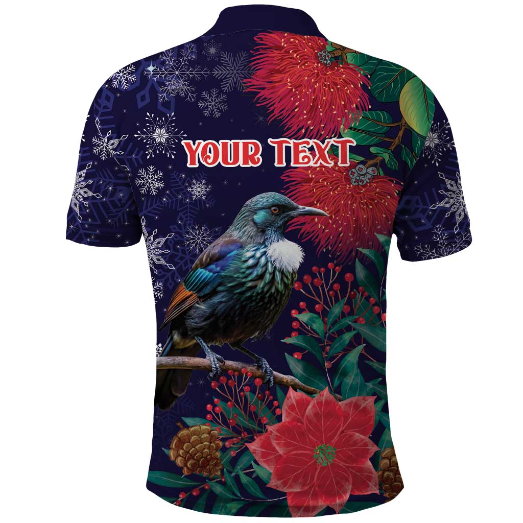Tui Meri Kirihimete Personalised Polo Shirt Pohutukawa Flowers Blue Motif LT9 - Polynesian Pride
