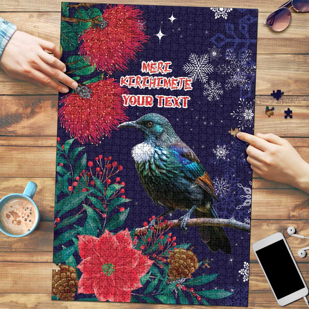 Tui Meri Kirihimete Personalised Puzzle Pohutukawa Flowers Blue Motif LT9 Blue - Polynesian Pride