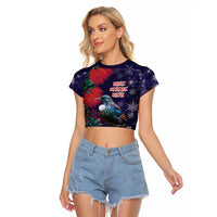 Tui Meri Kirihimete Personalised Raglan Cropped T Shirt Pohutukawa Flowers Blue Motif LT9 Female Blue - Polynesian Pride