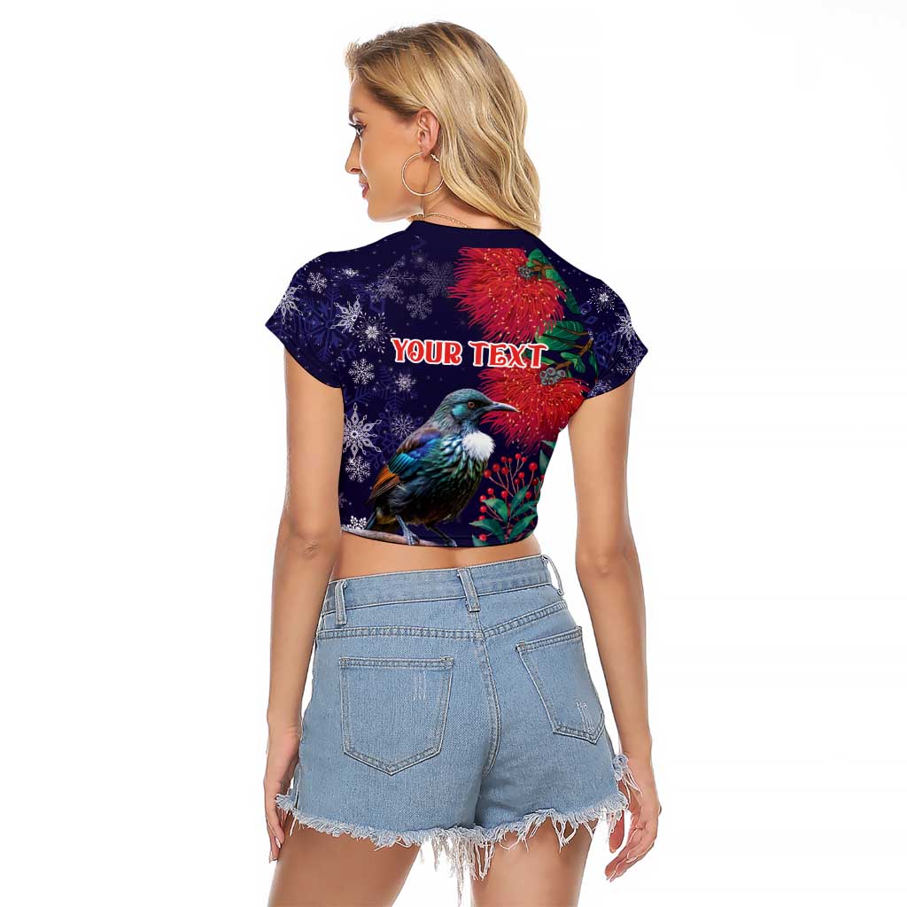 Tui Meri Kirihimete Personalised Raglan Cropped T Shirt Pohutukawa Flowers Blue Motif LT9 - Polynesian Pride