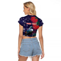 Tui Meri Kirihimete Personalised Raglan Cropped T Shirt Pohutukawa Flowers Blue Motif LT9 - Polynesian Pride