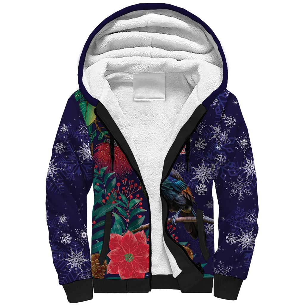 Tui Meri Kirihimete Personalised Sherpa Hoodie Pohutukawa Flowers Blue Motif LT9 Unisex Blue - Polynesian Pride