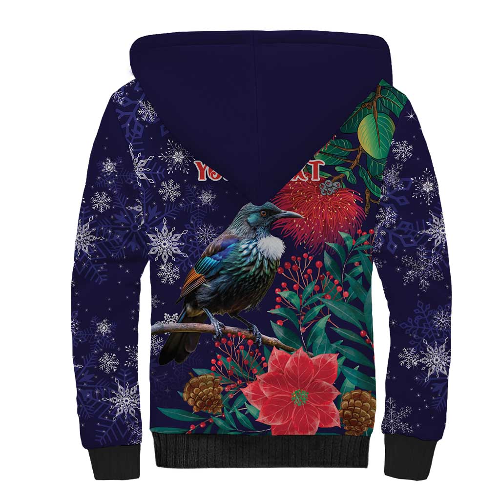 Tui Meri Kirihimete Personalised Sherpa Hoodie Pohutukawa Flowers Blue Motif LT9 - Polynesian Pride